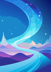 Obraz premium landscape with mountains winter mountain landscape Digital purple particles wave and light abstract background with shining dots stars.