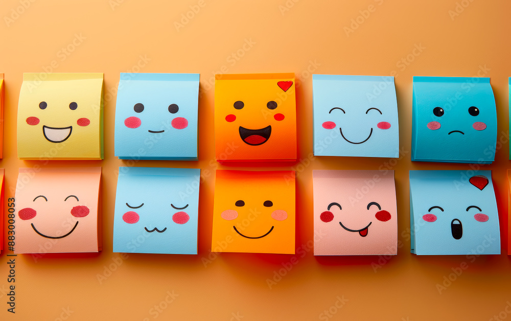 Poster a row of colorful sticky notes with smiling faces on them. scene is cheerful and positive