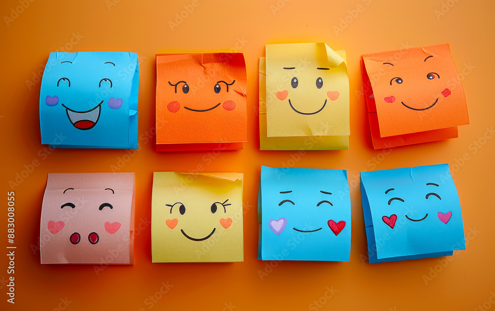 Poster a collection of colorful sticky notes with smiling faces and hearts. scene is cheerful and positive