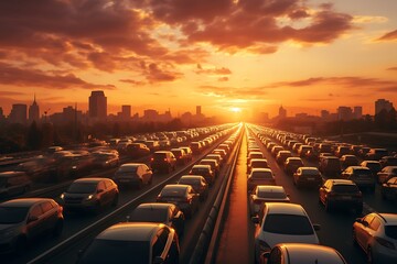 traffic jam on the road in the city at sunset, evening