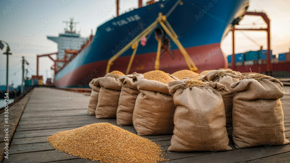 Aufkleber stacks of grain sacks and a pile of wheat in front of a large container ship at a busy port
