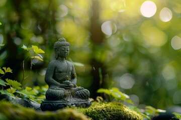 Close-up of a Buddha statue, surrounded by lush foliage and soft, dappled sunlight