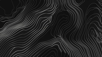 Topographic map background, vector illustration with white lines on black background. Abstract design for travel or outdoor activities concept. Flat lay. Minimal style. Vector Illustration.
