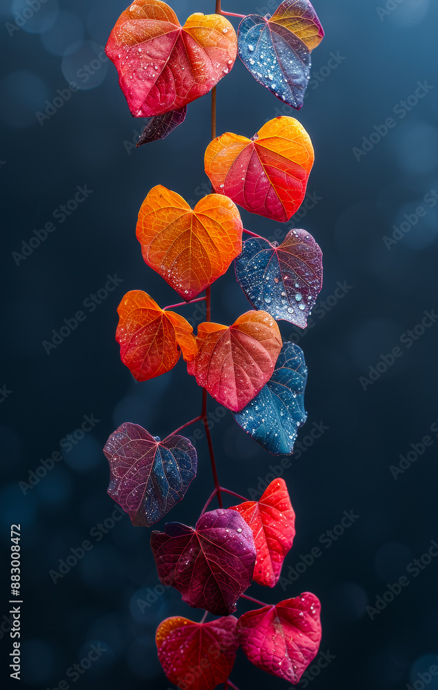 Poster a series of colorful leaves are hanging from a branch, with some of them having a heart shape.