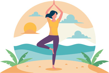 Woman practicing yoga by a lake