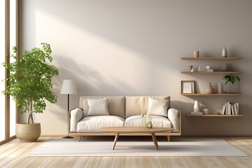 Interior of modern living room with white sofa, bookshelf and coffee table. 3d render