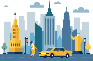 New York City landmarks with yellow taxi