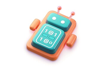 An icon for coding education app featuring binary code and stylized robot on clean white background for clarity.