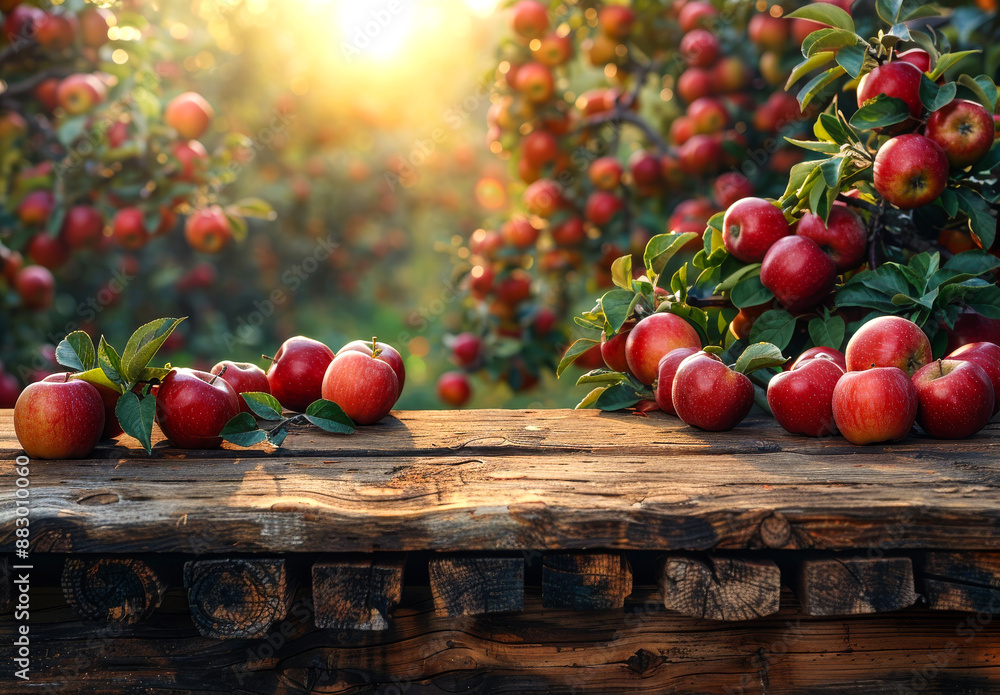 Poster a table with a bunch of apples on it. the apples are red and shiny. the table is wooden and has a ru