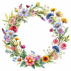 drawn circle wreath with flowers on a white background watercolor