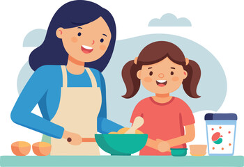 Mother cooks in the kitchen with her child