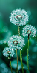 A group of dandelions with droplets of water on them