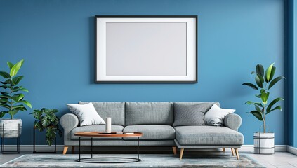 Modern Living Room Interior with Blue Wall and Gray Sofa