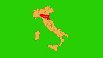 Emilia Romagn amap animated video. Map Highlighted on the Itali map with animation and colour with Green screen background in video format.	
