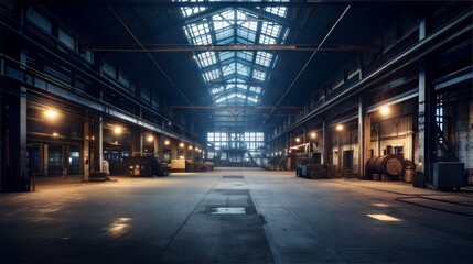 Fototapeta premium Industrial Warehouse Interior with Vintage Machinery and Dramatic Lighting