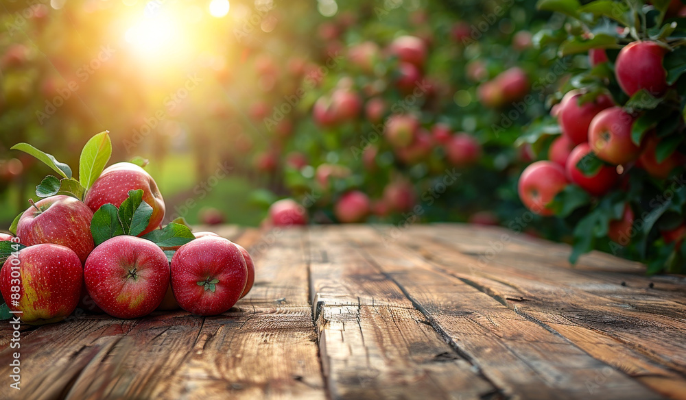 Poster a table with a bunch of apples on it. the apples are red and shiny. the table is wooden and has a ru