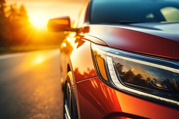 Car headlights with bokeh lights on the road in the evening