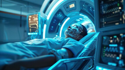A futuristic medical pod with a patient undergoing treatment, surrounded by advanced technology.