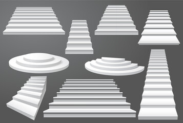 Staircases set, white stairs blank template, front view, round and straight, front view of stairway, vector