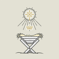 The nativity scene, crib or manger for birth of the baby Jesus, Star of Bethlehem and crown of the king of heaven, vector