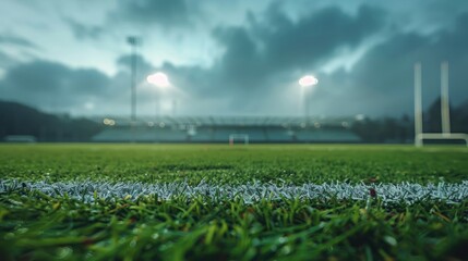 Serene empty football field with goalposts and overcast sky in a quiet stadium. Blurred view american football stadium