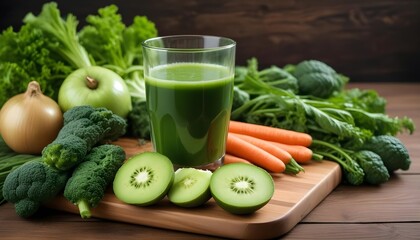 A green juice glass on a wooden table along green juciy vegetables 