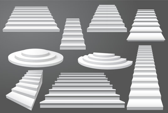 Staircases set, white stairs blank template, front view, round and straight, front view of stairway, vector