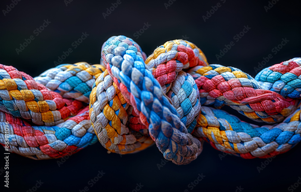 Poster a colorful rope is twisted and knotted. the rope is made of different colors and is knotted in a way