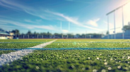 Blurred view of empty football field under bright blue skies with goalposts and quiet atmosphere. Blurred view american football stadium