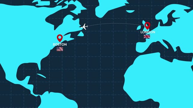 London to Boston International Flight Route showing plane Animation 4K on World Map.