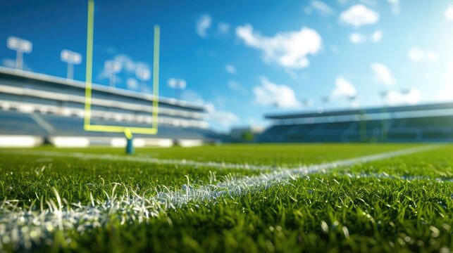 Serene empty football field with goalposts and sidelines under sunny skies. Blurred view american football stadium