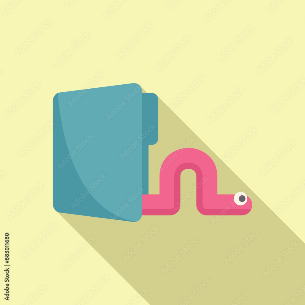 Poster cartoon worm is crawling into a computer folder, representing the concept of malware infecting a sys