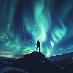 Fototapeta premium Beautiful Aurora borealis, Northern lights glowing over silhouette hiker standing on the mountain in the night sky at Arctic circle