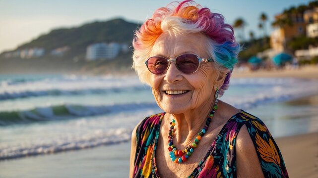 Old lady laughing, portrait on the beach