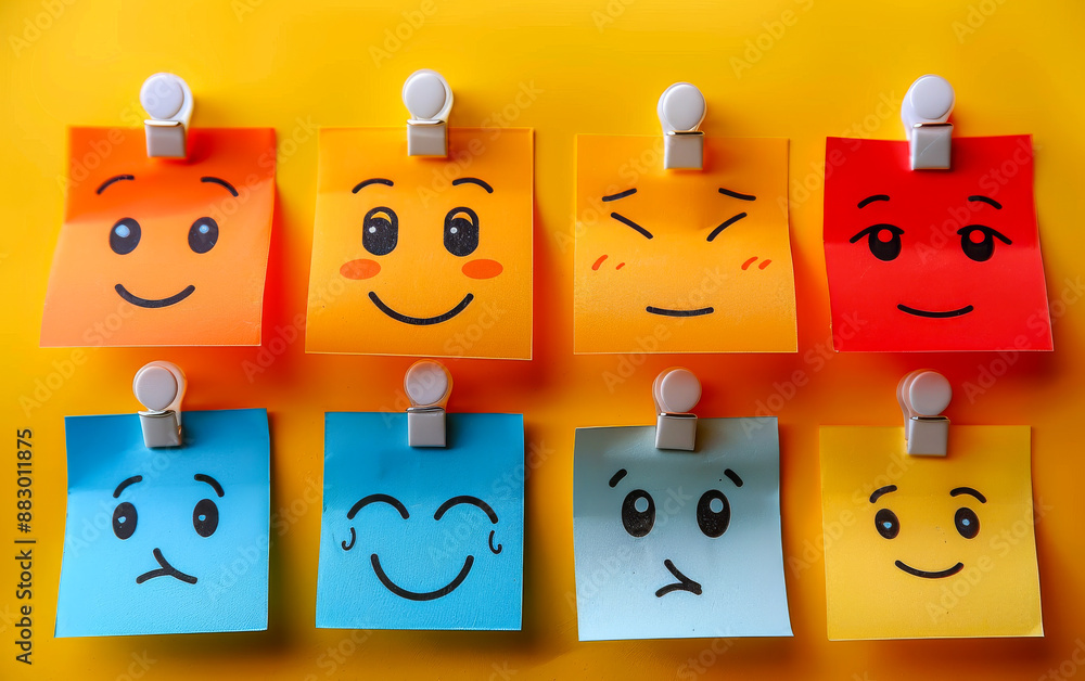 Poster a collection of colorful sticky notes with different facial expressions. scene is cheerful and light
