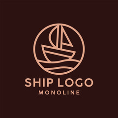 Monoline Ship Boat Logo Vector, Sea Ocean Emblem Icon Symbol, Sailboat Creative Vintage Graphic Design