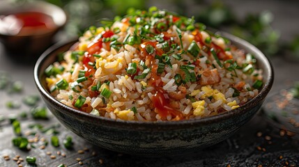 A bowl of delicious fried rice garnished with chopped green onions, scrambled eggs, and a drizzle of sauce. The dish is vibrant and appetizing, with a mix of textures and colors.