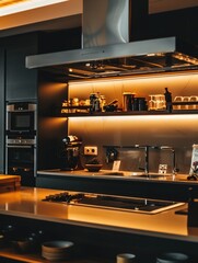 A modern kitchen setup with a stove top oven and counter space