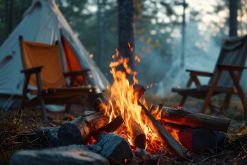 Warm bonfire crackles on a cool evening by camping chairs and tent amidst serene forest backdrop