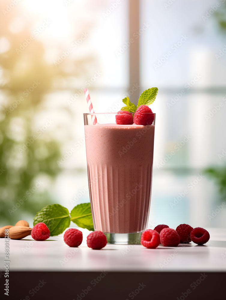 Wall mural A healthy chocolate smoothie with raspberries on a kitchen table, blurry background