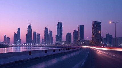 Naklejka premium A city skyline at dusk with modern skyscrapers and a calm waterfront. 