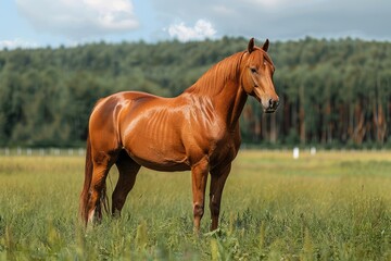 Fototapeta premium A brown horse on green field. Domestic horse on a summer day. domestic animal