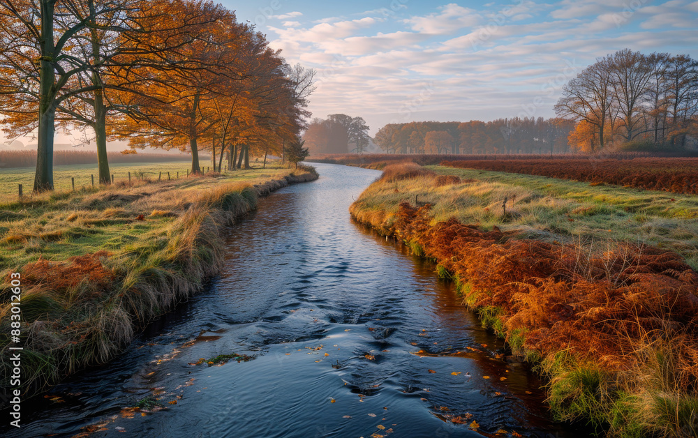 Aufkleber a river with a few trees on either side. the water is clear and the trees are in autumn