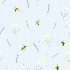 Vector seamless pattern with bees, lavender and chamomile. For wallpapers, decoration, invitation baby shower, fabric, textile and linen, print clothes and pajamas, gift and wrapping paper