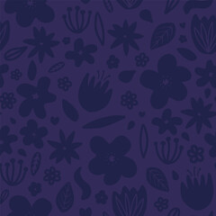 Vector seamless pattern with abstract  flowers and leaves in purple color. For wallpapers, decoration, invitation baby shower, fabric, textile, linen print clothes and pajamas, gift and wrapping paper