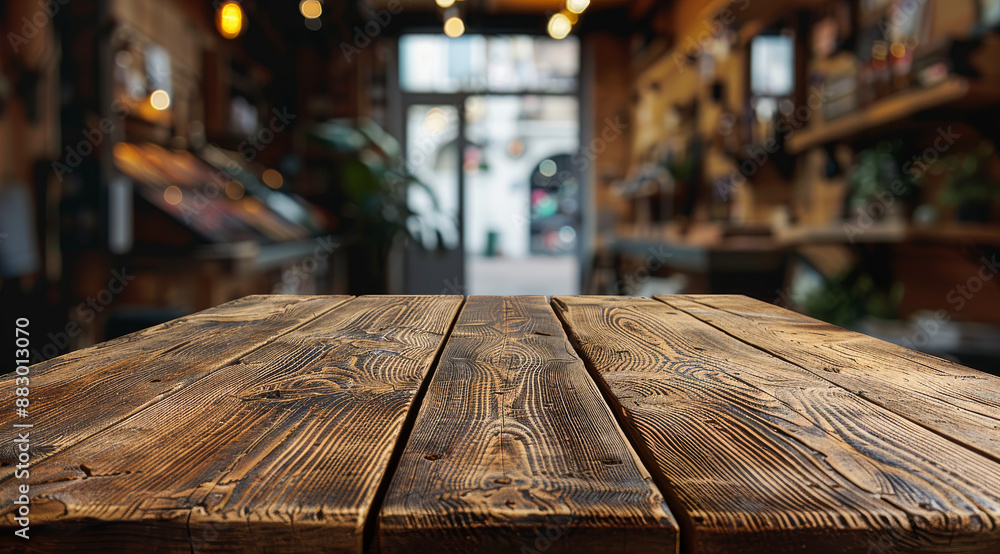 Poster a wooden table with a view of a store. the table is empty and the store is full of items