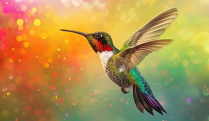 Obraz premium Hummingbird in Flight Against a Colorful Bokeh Background
