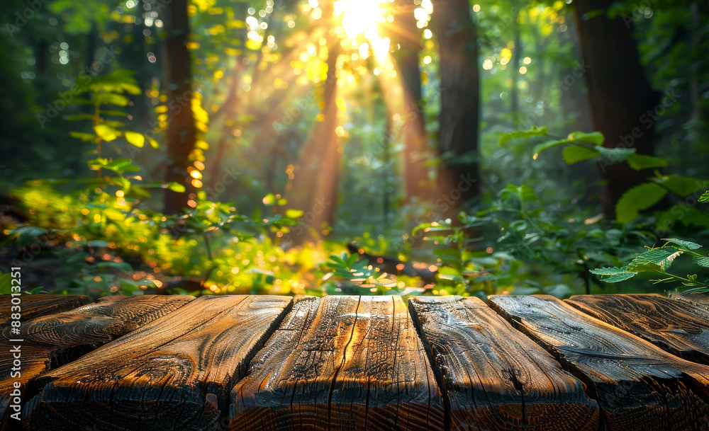 Poster a wooden table with a view of a forest. the sunlight is shining through the trees, creating a warm a