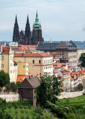 Obraz premium Cityscape view of Prague castle and Mala strana historic district, view from the Strahov monastery, in Prague capital of Czech republic