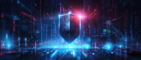 Fototapeta premium Digital shield representing cybersecurity and data protection with vibrant, futuristic colors and a dynamic tech-inspired background